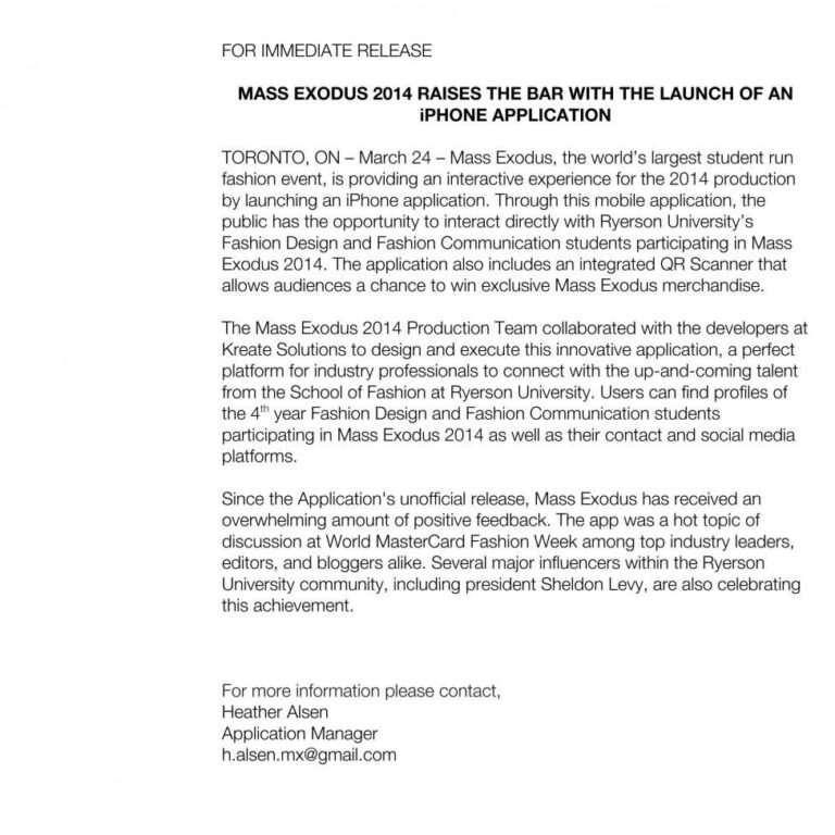 APPLICATION PRESS RELEASE