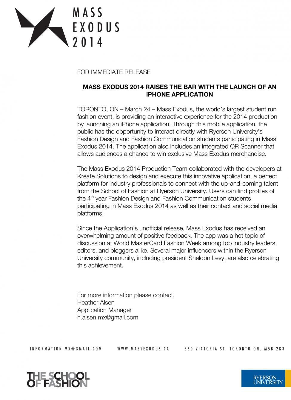 APPLICATION PRESS RELEASE
